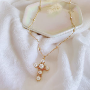 Pearl cross gold chain necklace