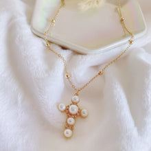 Load image into Gallery viewer, Pearl cross gold chain necklace