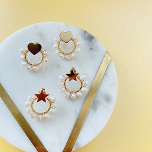 Gold mini hoop pearl hearts earrings