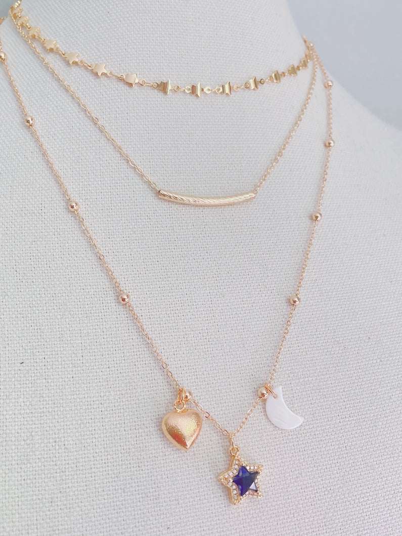Ball Chain necklace with  star , gold heart & white mini moon
