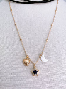Ball Chain necklace with  star , gold heart & white mini moon