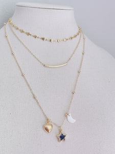 Ball Chain necklace with  star , gold heart & white mini moon